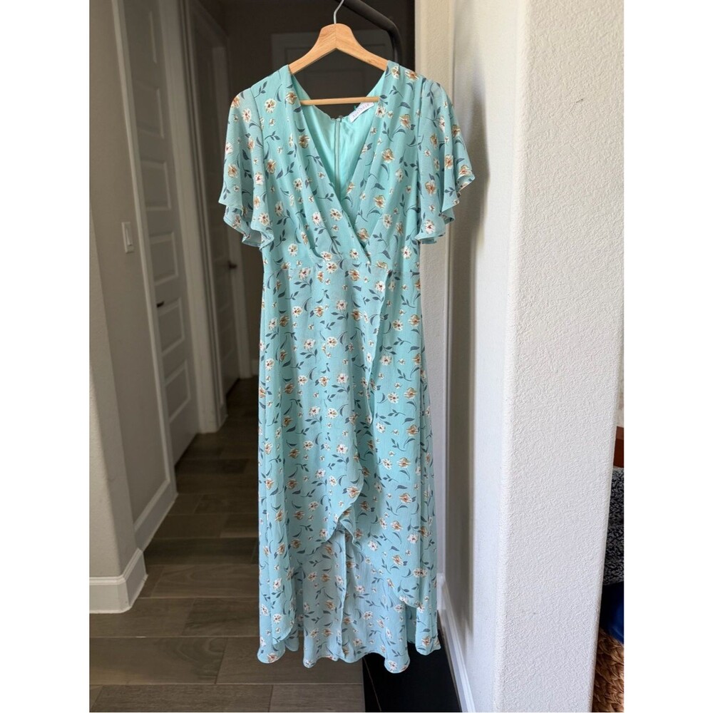Azalosie Floral Aqua Maxi Wrap Dress with Flutter Sleeves M